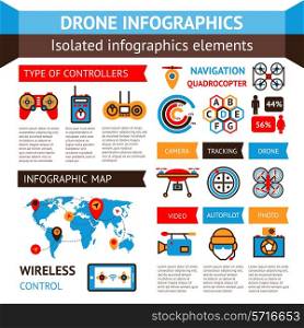Drone inforagraphic set with quadrocopters controllers tracking icons and charts vector illustration