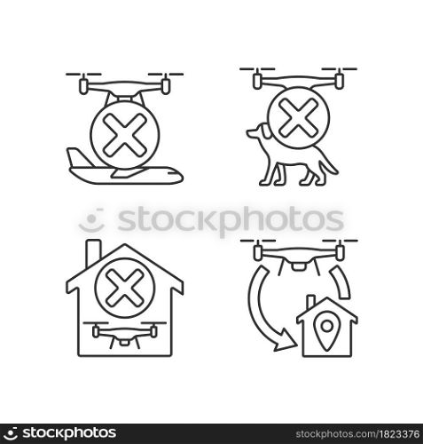Drone instruction linear manual label icons set. Avoid aircrafts, pets. Customizable thin line contour symbols. Isolated vector outline illustrations for product use instructions. Editable stroke. Drone instruction linear manual label icons set
