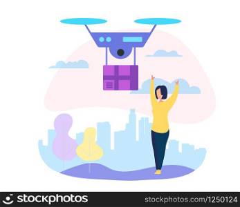 Drone Mail Service, Woman Waiting for Parcel. Quadcopter Deliver Box to Female Consumer Character on City and Nature Background. Fast Technology. Express Delivery Cartoon Flat Vector Illustration. Drone Mail Service, Woman Waiting for Parcel.
