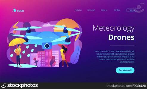 Drone over the city collecting meteorological data. Meteorology drones, meteorological data collection, accurate weather prediction concept. Website vibrant violet landing web page template.. Meteorology drones concept landing page.