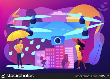 Drone over the city collecting meteorological data. Meteorology drones, meteorological data collection, accurate weather prediction concept. Bright vibrant violet vector isolated illustration. Meteorology drones concept vector illustration.
