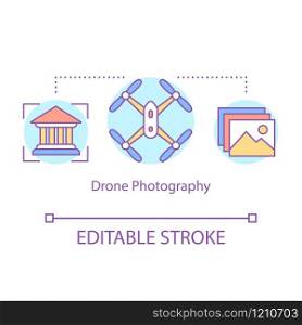 Drone photography concept icon. Quadcopter air survey. Modern aerial camera technology. Quad copter spying idea thin line illustration. Vector isolated outline drawing. Editable stroke