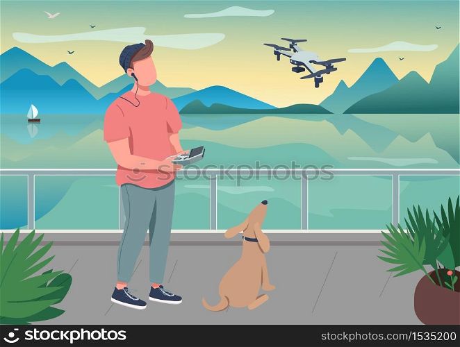 Drone photography flat color vector illustration. Remote control for robot with propeller. Technology to film video at seascape. Content creator 2D cartoon character with interior on background. Drone photography flat color vector illustration