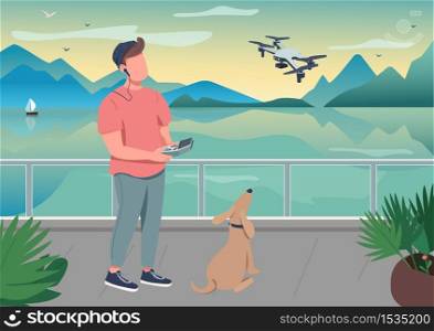 Drone photography flat color vector illustration. Remote control for robot with propeller. Technology to film video at seascape. Content creator 2D cartoon character with interior on background. Drone photography flat color vector illustration