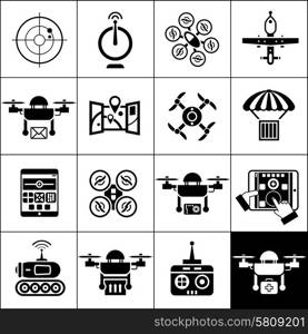 Drone plane remote control flying camera icons black set isolated vector illustration. Drone Icons Black