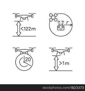 Drone proper control linear manual label icons set. Altitude limit. Customizable thin line contour symbols. Isolated vector outline illustrations for product use instructions. Editable stroke. Drone proper control linear manual label icons set
