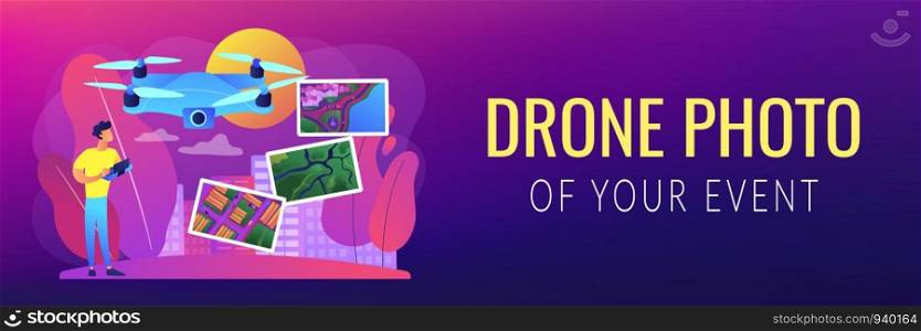Drone, quadcopter operator, pilot making photos. UAV with camera. Aerial photography, air survey services, drone photo of your event concept. Header or footer banner template with copy space.. Aerial photography concept banner header