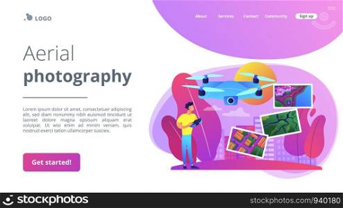 Drone, quadcopter operator, pilot making photos. UAV with camera. Aerial photography, air survey services, drone photo of your event concept. Website homepage landing web page template.. Aerial photography concept landing page
