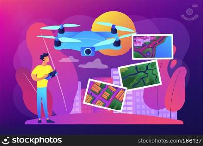 Drone, quadcopter operator, pilot making photos. UAV with camera. Aerial photography, air survey services, drone photo of your event concept. Bright vibrant violet vector isolated illustration. Aerial photography concept vector illustration