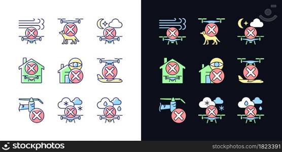 Drone restrictions light and dark theme RGB color manual label icons set. Isolated vector illustrations on white and black space. Simple filled line drawings pack for product use instructions. Drone restrictions light and dark theme RGB color manual label icons set