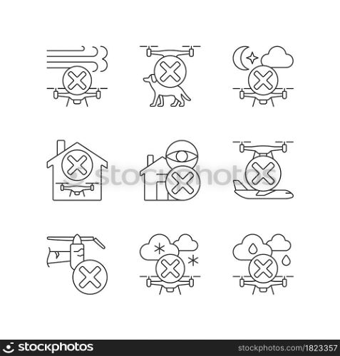 Drone restrictions linear manual label icons set. No spying. Pet safety. Customizable thin line contour symbols. Isolated vector outline illustrations for product use instructions. Editable stroke. Drone restrictions linear manual label icons set