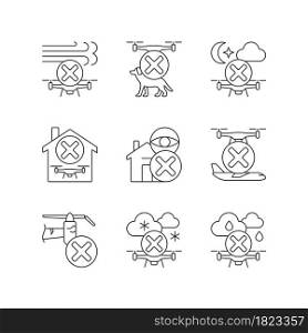 Drone restrictions linear manual label icons set. No spying. Pet safety. Customizable thin line contour symbols. Isolated vector outline illustrations for product use instructions. Editable stroke. Drone restrictions linear manual label icons set