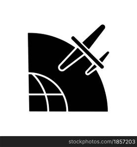 Drone Satellite black glyph icon. Rotation of drone satelite in geostationary orbit. Modern technologies development. Silhouette symbol on white space. Vector isolated illustration. Drone Satellite black glyph icon