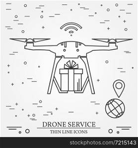 Drone service. Drone delivery service. Thin line icons. Vector illustration.