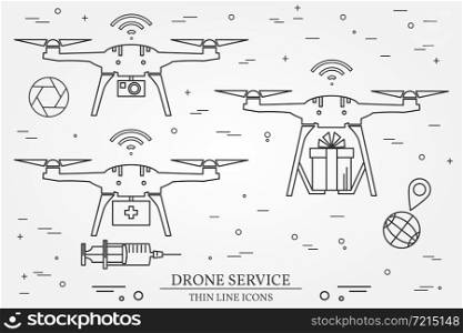 Drone service. Drone medical, delivery, Video and Photography service. Thin line icons. Vector illustration.