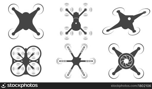 Drone silhouette icon set. Quadrocopters top view. Flat vector illustration isolated on white background.. Drone silhouette icon set. Flat vector illustration isolated on white
