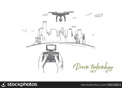 Drone technology concept. Hand drawn person control flight of drone. Hands of pilot of quadrocopter aero videography isolated vector illustration.. Drone technology concept. Hand drawn isolated vector.