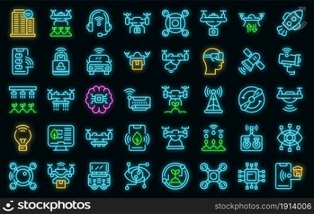 Drone technology icons set. Outline set of drone technology vector icons neon color on black. Drone technology icons set vector neon