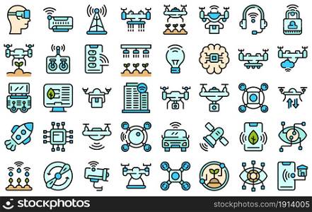 Drone technology icons set. Outline set of drone technology vector icons thin line color flat isolated on white. Drone technology icons set line color vector