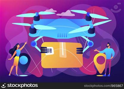 Drone transporting package to location pins with business people waiting for it. Drone delivery, commercial drone, drones business trend concept. Bright vibrant violet vector isolated illustration. Drone delivery concept vector illustration.