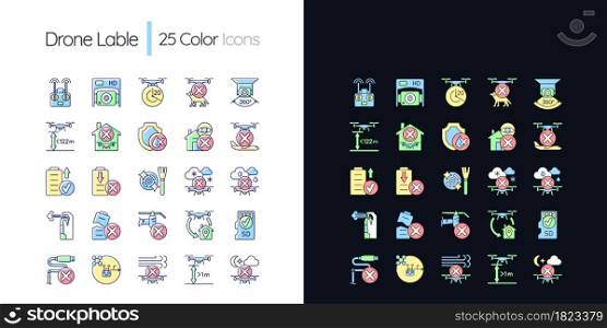 Drone usage light and dark theme RGB color manual label icons set. Damage risk. Isolated vector illustrations on white and black space. Simple filled line drawings pack for product use instructions. Drone usage light and dark theme RGB color manual label icons set