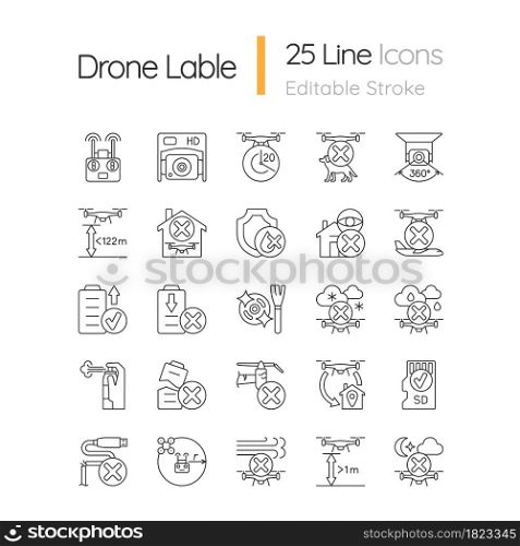 Drone usage linear manual label icons set. Drone flight restriction. Customizable thin line contour symbols. Isolated vector outline illustrations for product use instructions. Editable stroke. Drone usage linear manual label icons set
