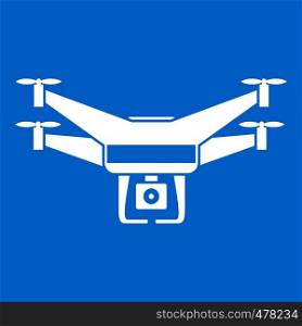 Drone video camera icon white isolated on blue background vector illustration. Drone video camera icon white