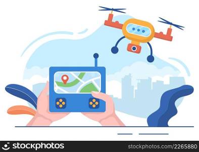 Drone with Camera Remote Control Driven Flying Over to Taking Photography and Video Recording in Flat Cartoon Background illustration