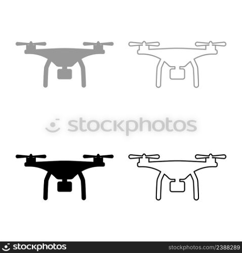 Drone with camera set icon grey black color vector illustration image simple solid fill outline contour line thin flat style. Drone with camera set icon grey black color vector illustration image solid fill outline contour line thin flat style