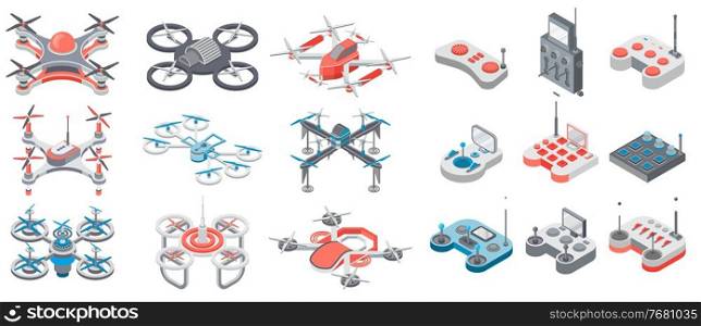 Drone with remote control, collection of flying digital devices with distance control, quadcopter types of air vehicles for shooting with blades antennas, buttons radio network, gadget for high flying. Drone with remote control, quadcopter collection of flying digital devices with distance control, air vehicles