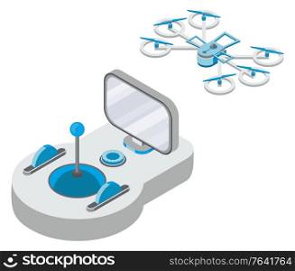 Drone with remote controller, wireless device with propellers, quadcopter symbol, aircraft with remotely radio controlled flying robots, discovery air robot for video and photo, multicopter vector. Quadcopter and Remote Controller, Drone Vector