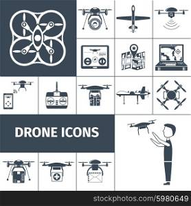 Drones and remote control mini helicopters icons black set isolated vector illustration. Drone Icons Black