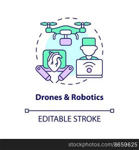 Drones and robotics concept icon. Healthcare in post pandemic era. Innovations abstract idea thin line illustration. Isolated outline drawing. Editable stroke. Arial, Myriad Pro-Bold fonts used
. Drones and robotics concept icon