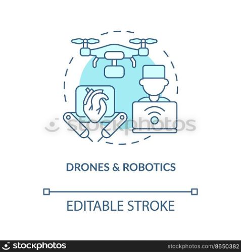 Drones and robotics turquoise concept icon. Post covid healthcare. Innovations abstract idea thin line illustration. Isolated outline drawing. Editable stroke. Arial, Myriad Pro-Bold fonts used
. Drones and robotics turquoise concept icon