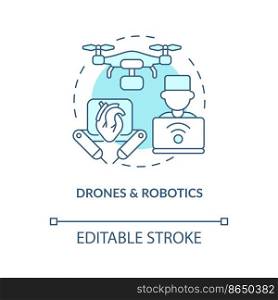 Drones and robotics turquoise concept icon. Post covid healthcare. Innovations abstract idea thin line illustration. Isolated outline drawing. Editable stroke. Arial, Myriad Pro-Bold fonts used
. Drones and robotics turquoise concept icon