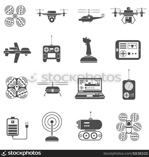 Drones Black White Icons Set. Flying and caterpillar drones black white icons set with radio control flat isolated vector illustration