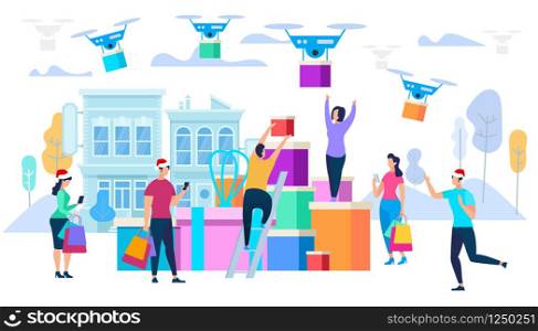 Drones Carry Purchases to Consumers. Peopel Characters in Christmas Santa Hats Catching Boxes. Shopping, Express Delivery. Sale and Gifts Shipping, Transportation. Cartoon Flat Vector Illustration. Drones Carry Purchases to Consumers. Holiday Sale
