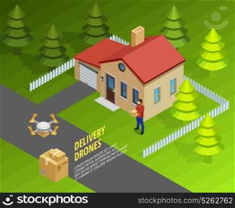 Drones Delivery Isometric Template. Drones delivery isometric template with logistic futuristic method of post and cargo transportation vector illustration