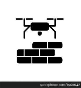 Drones for construction black glyph icon. Innovative construction technologies. Improving safety conditions. Identify potential problems. Silhouette symbol on white space. Vector isolated illustration. Drones for construction black glyph icon
