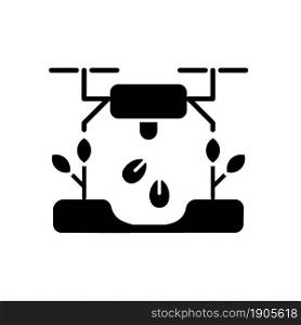 Drones for planting black glyph icon. Revolutionized agriculture. Innovative planting method. Monitoring crop health. Spraying drone. Silhouette symbol on white space. Vector isolated illustration. Drones for planting black glyph icon