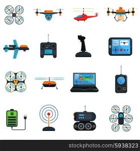 Drones Icons Set. Drones icons set with laptop helicopter and plane flat isolated vector illustration