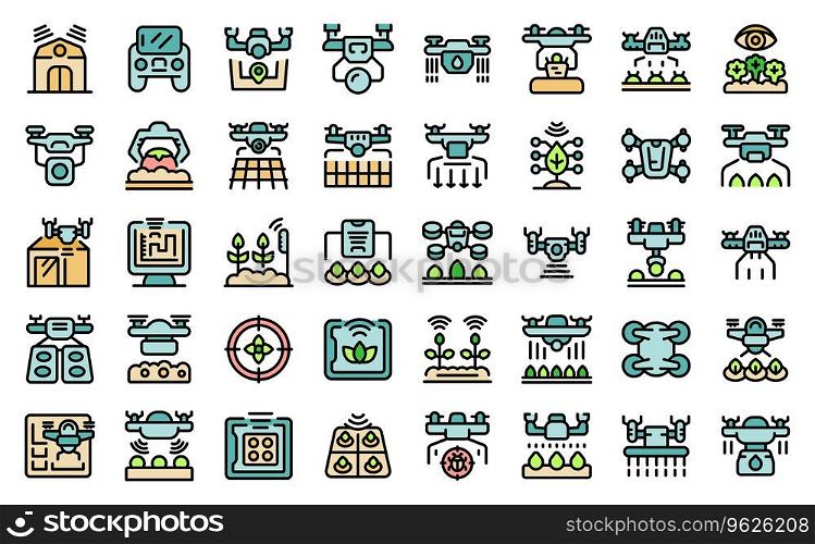 Drones in agriculture icons set outline vector. Farm pest. Smart nature thin line color flat on white isolated. Drones in agriculture icons set vector line color