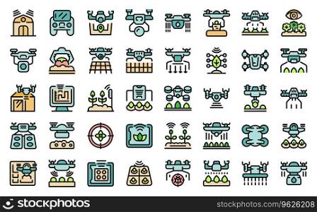 Drones in agriculture icons set outline vector. Farm pest. Smart nature thin line color flat on white isolated. Drones in agriculture icons set vector line color