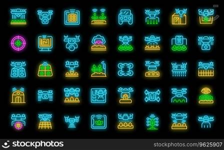 Drones in agriculture icons set outline vector. Farm pest. Smart nature neon color on black. Drones in agriculture icons set vector neon