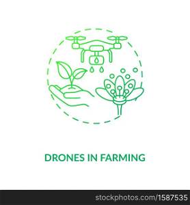 Drones in farming concept icon. City agriculture innovation ideas. Future technology in organic food creation idea thin line illustration. Vector isolated outline RGB color drawing. Drones in farming concept icon