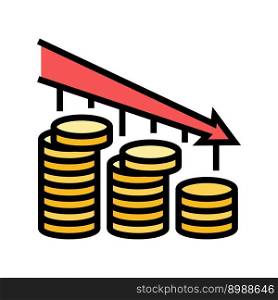 drop decline fall trend gold coin color icon vector. drop decline fall trend gold coin sign. isolated symbol illustration. drop decline fall trend gold coin color icon vector illustration