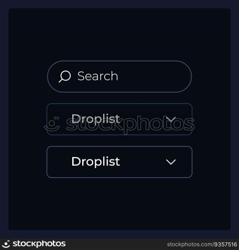 Drop down list UI elements kit. Search information isolated vector components. Flat navigation menus and interface buttons template. Dark theme web design widget collection for mobile application. Drop down list UI elements kit