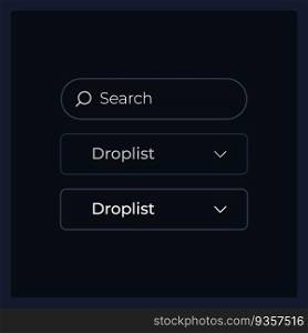 Drop down list UI elements kit. Search information isolated vector components. Flat navigation menus and interface buttons template. Dark theme web design widget collection for mobile application. Drop down list UI elements kit