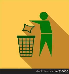 Drop garbage in bin icon. Flat illustration of drop garbage in bin vector icon for web design. Drop garbage in bin icon, flat style