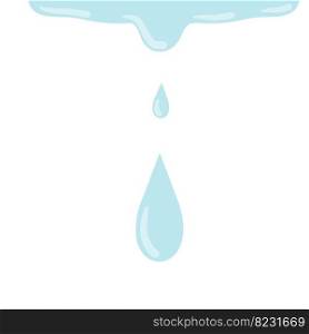 Drop of water. Blue liquid falls down. Wet and blue object. Leak and splatter. Element of background. Flat cartoon isolated on white. Drop of water. Wet and blue object.